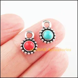 25Pcs Tibetan Silver Tone Flower Red & Blue Stone Tiny Round Charms Pendants 7x11mm