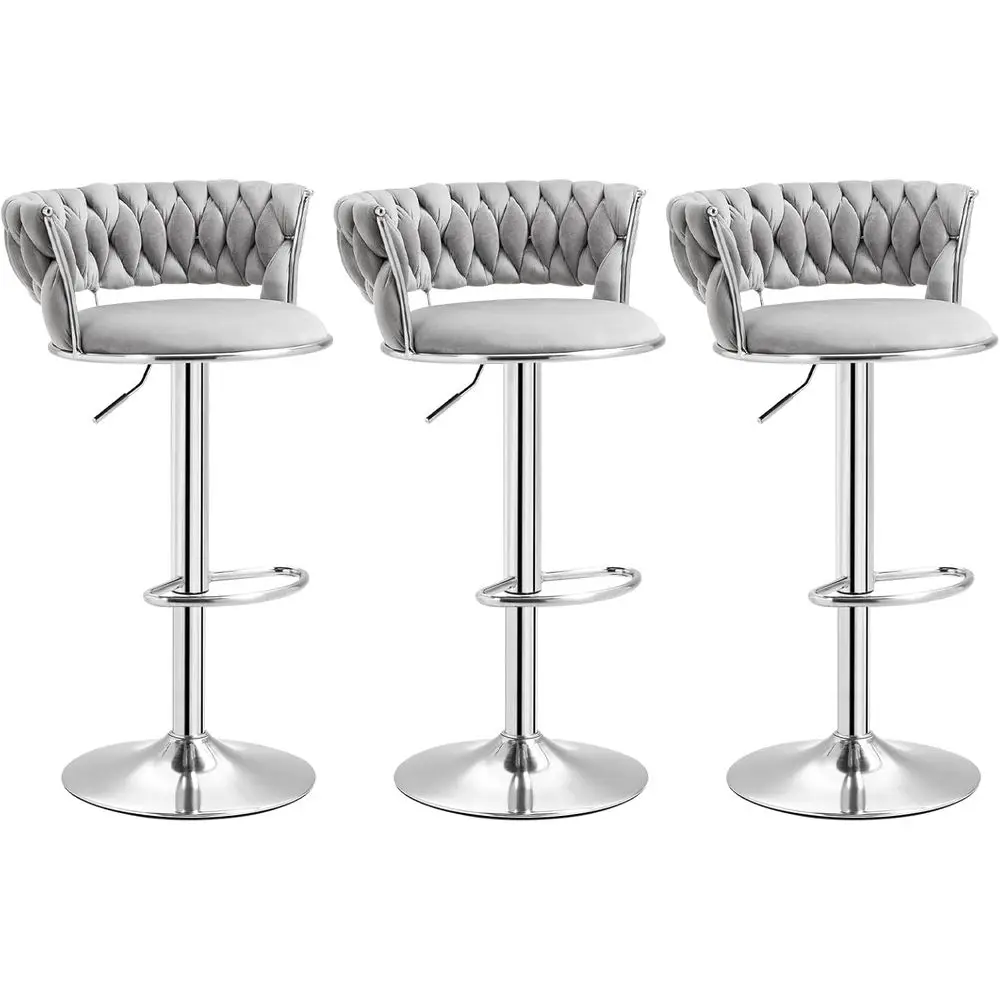 

Набор из 3 регулируемых барных стульев из велюра с плетеным сиденьем и серебристыми ножками для кухонного острова, кафе или паба, серый цвет