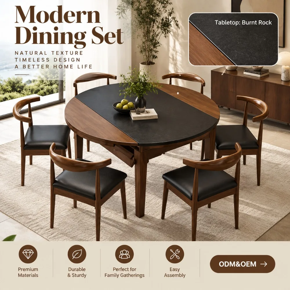 Custom Wooden Extendable Dining Table, Sintered Stone Top Expandable Dinner Table for Modern Home Dining Room Furniture