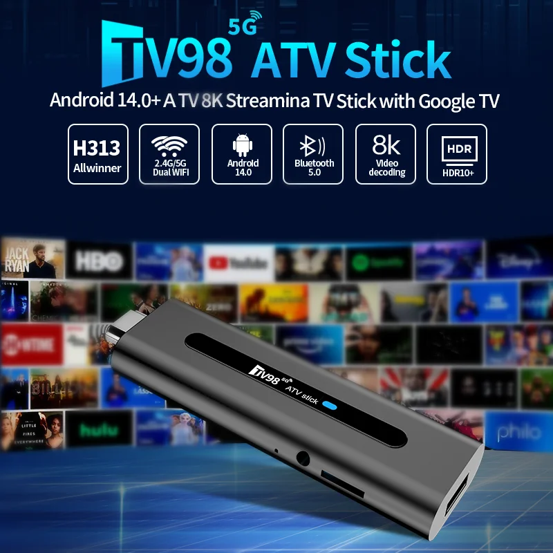 TV98 ATV 8Kสมาร์ททีวีสติ๊กAndroid 14 ATV Allwinner H313 2.4G 5G WifiสนับสนุนOTA 4K BT5.0 2GB 16GBเสียงรีโมทกล่องทีวี