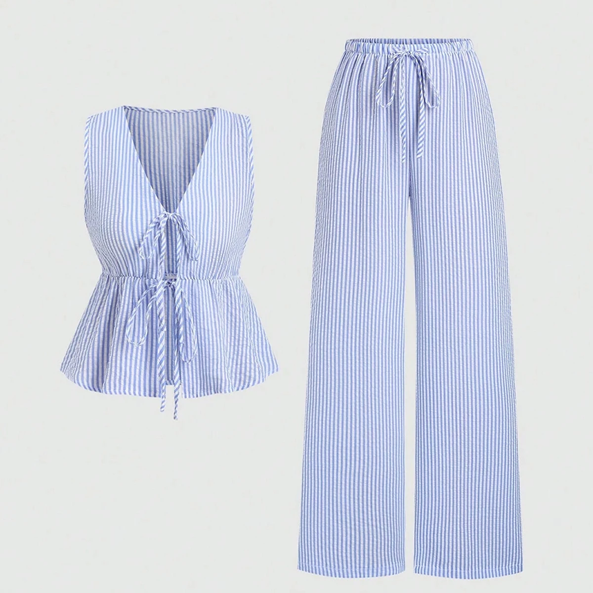 Casual Striped 2 Piece Outfits Women's Summer New Tie Front Cinched Waist Sleeveless Tank Top And Wide Leg Pants Loungewear Sets