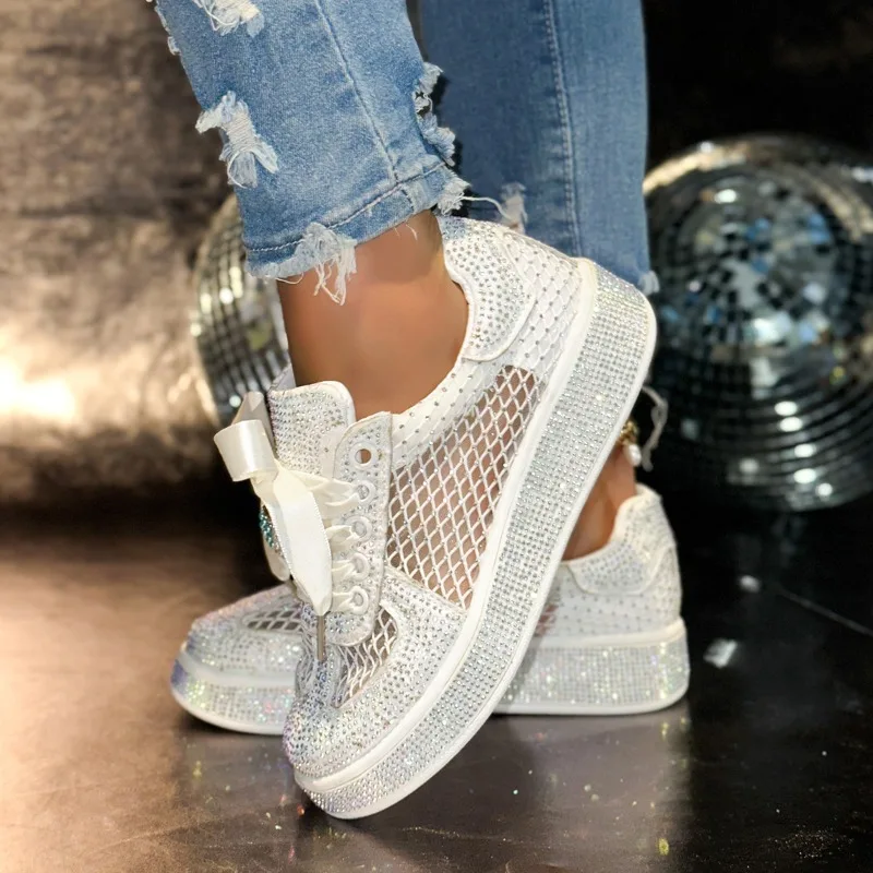 Summer New Women Mesh Luxury Sneakers Breathable Thick Bottom Casual Shoes Full Crystal Diamond Versatile Trendy Designer Shoes view 3