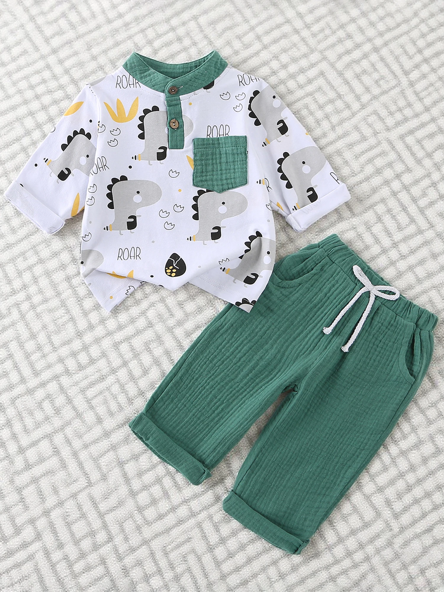 

Очаровательный осенний ансамбль для маленьких мальчиков, стильная рубашка с рисунком динозавра и брюки в тон, костюм из двух предметов