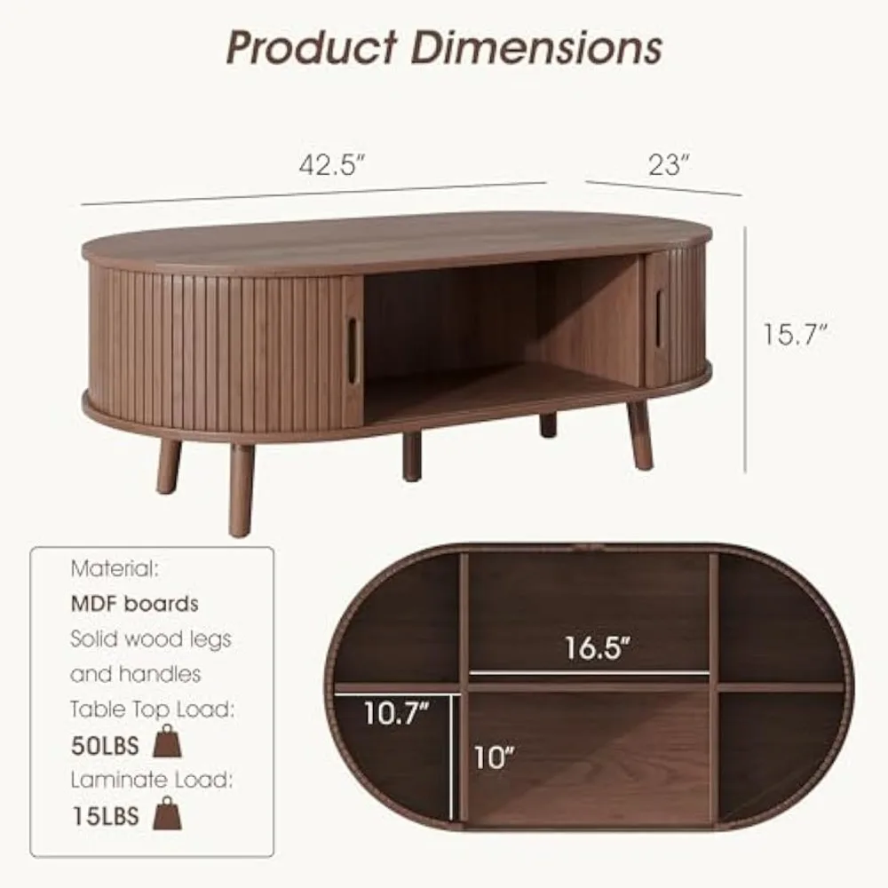 Modern Coffee Table with Sliding Tambour Door, Oval Fluted Coffee Table with Storage, Small Curved Profile Coffee Tables