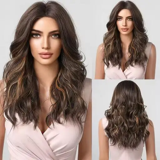 Brown Highlight Wavy Synthetic Wigs for Women Long Curly Wig Natural Middle Part Hair for Daily Party Heat Resistant