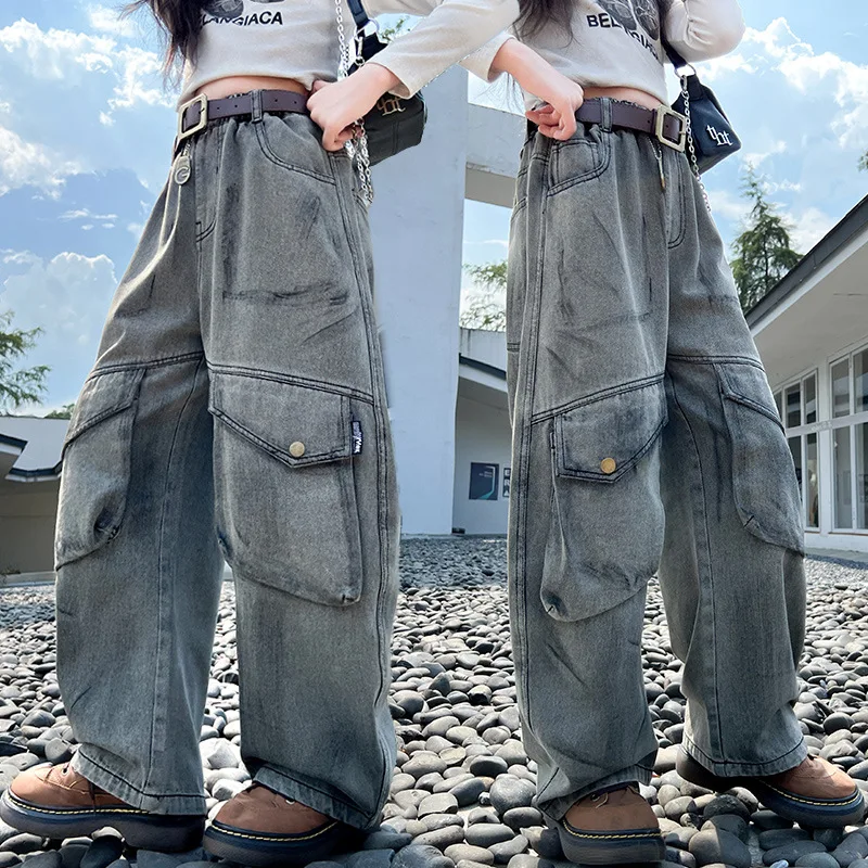 

Spring Autumn Edition Dirty Jeans With Pocket for GIrls Teens Stylish Denim Pants New Style Children Straight Loose Cargo Pants