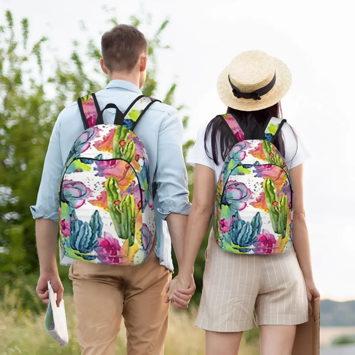Exotic Wildflower Cactus Watercolor Style Stylish Student Backpack School Bag Hiking Travel Daypack for Bookbag Shoulder Bags