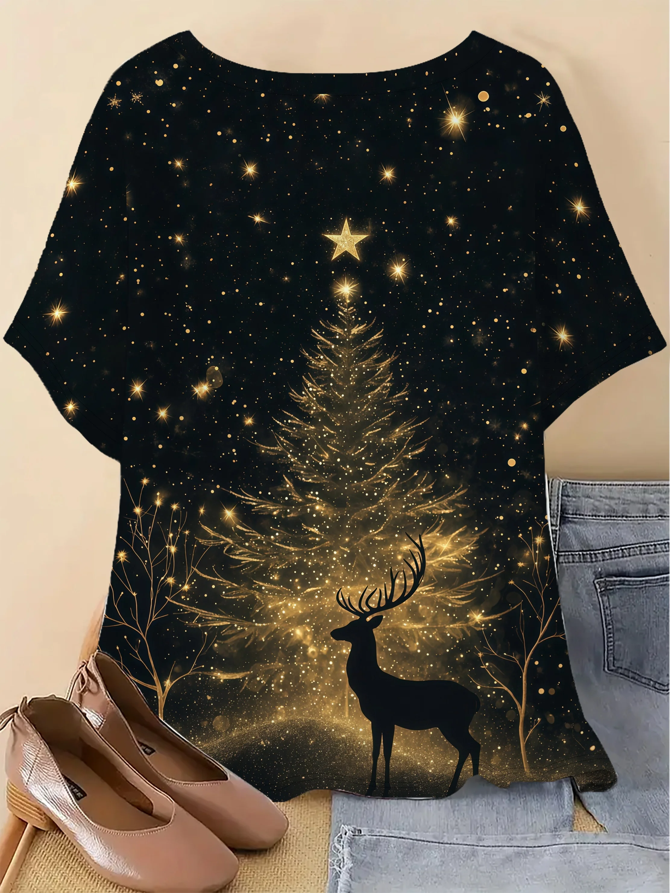 Women's T-shirt Starry Sky Elk Christmas Tree Print Crew Neck Short Sleeve Loose Fit Holiday Party Style Women Clothing
