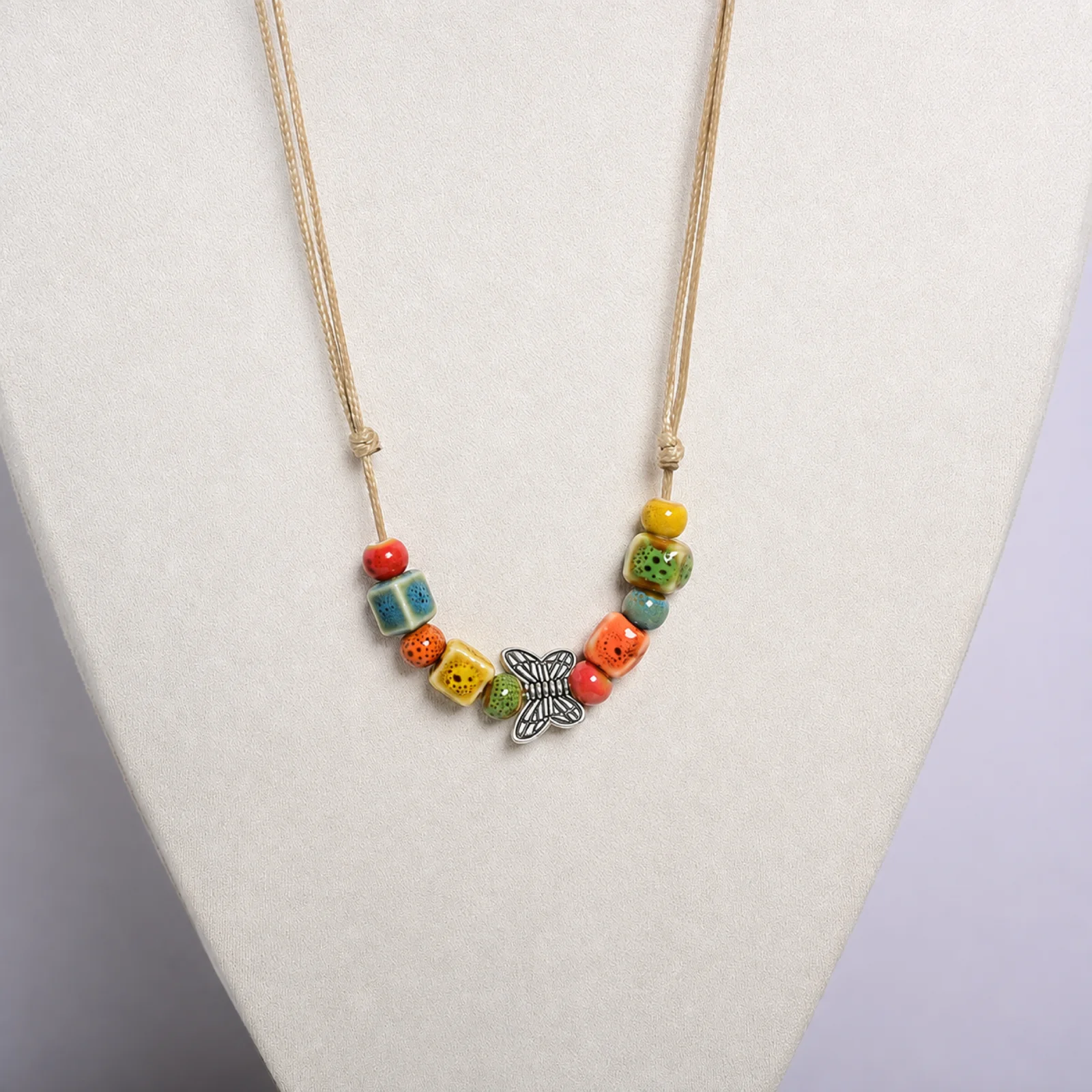 Handmade Ceramic Butterfly Necklace Adjustable Wax Cord Woven Chain Colorful Beads Alloy Butterfly Pendant 608P17-02