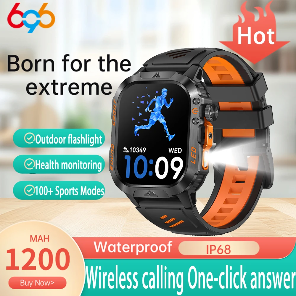 

Outdoor Sport Smart Watch Men Compass IP68 Waterproofs Curved HD Screen BT Call LED Flashlight Clock 1200mAh Smartwatch Health