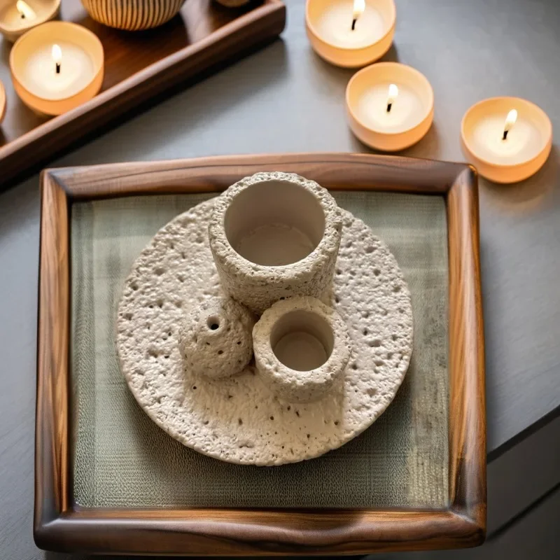 1pcs Multi-Functional Texture Cement Candle Holder Sage Incense Burner & Peruvian Palo Santo Combustion Tray Aromatherapy Decor