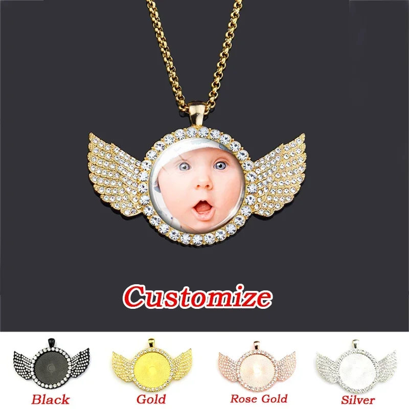 

Angel Wings Custom Necklaces Rhinestone Wings Glass Dome Photo Custom Necklaces Gifts for Family Relatives Friends Lovers Women