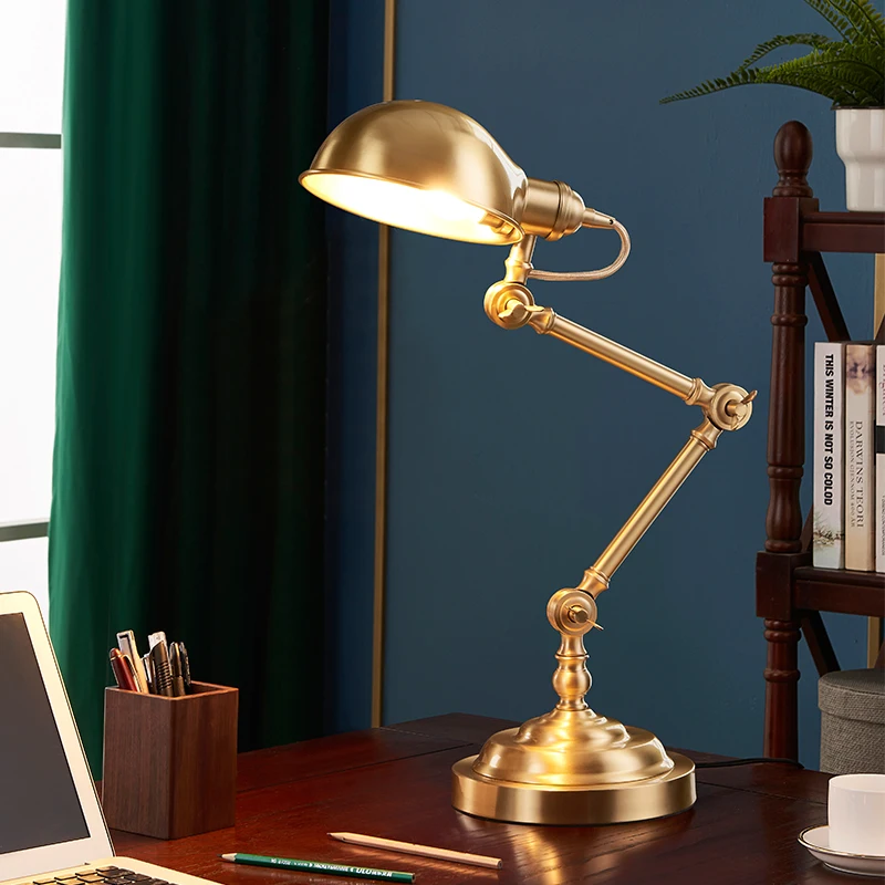 American All Copper Long Pole Adjustable Rocker Arm Table Lamps Moden Living Room Bedroom Restaurant Office Reading Desk Lights