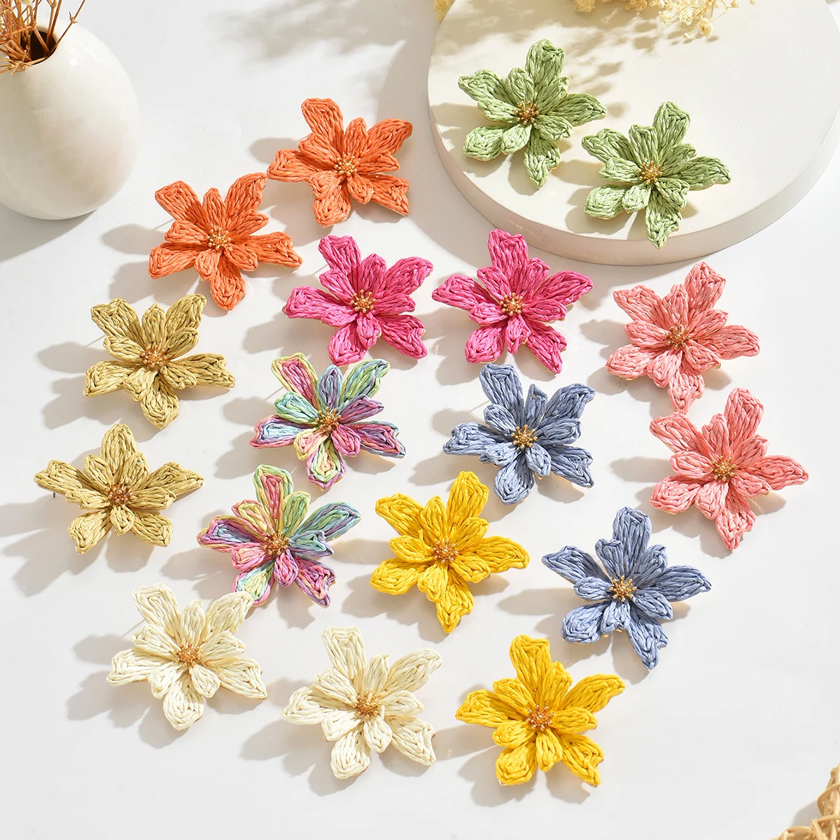 Boho Handmade Delicate Irregular Raffia Flower Earrings for Women Trendy Unique Design Floral Earrings Summer Beach Jewelry Gift