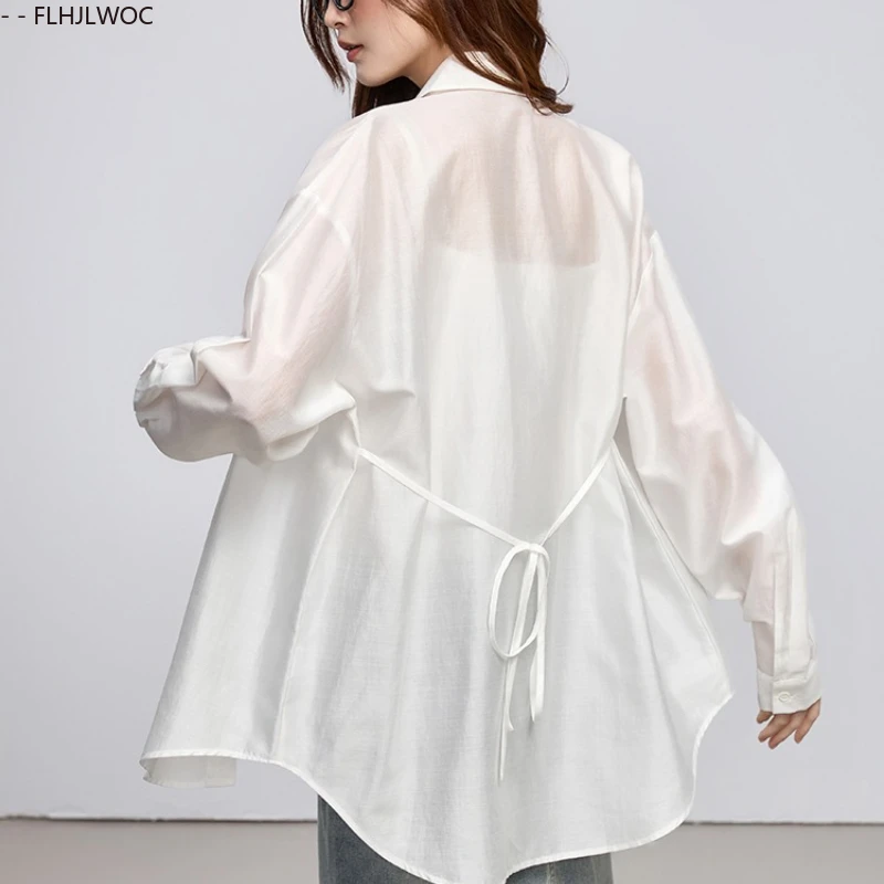 日焼け防止韓国シックなトップス Blusas ホリデーシアーメッシュ薄いセクシーな透明白ロングボーイフレンドシャツ蝶ネクタイ女性ブラウス