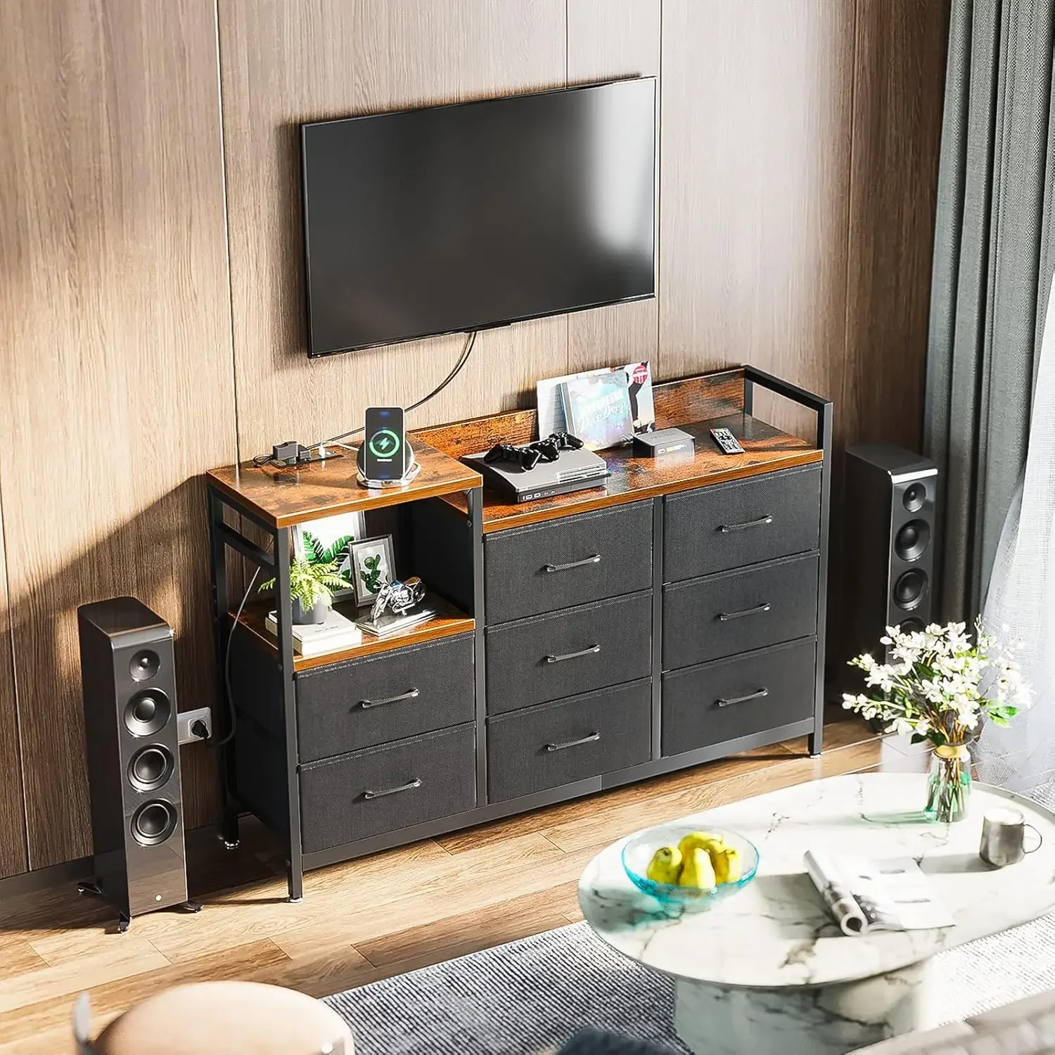 Dresser with Charging Station 52-Inch TV Stand for Bedroom Large 8 Storage Drawer Chest of Drawers for Living Room