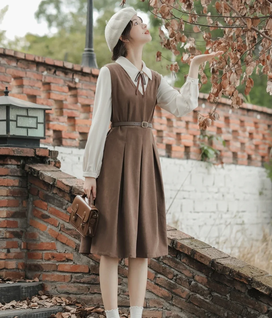 Vestido informal de estilo francés para mujer, manga larga, temperamento, cuello de solapa, marrón, Retro, literario, elegante, otoño