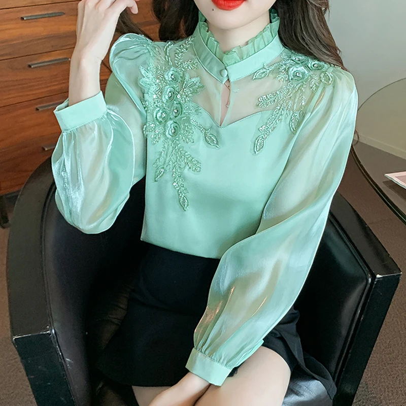 Fashion Elegant Autumn Shirt Embroidery Beads Chiffon Simple Office Blouse Loose Tops Long Sleeve Casual Blouses Women