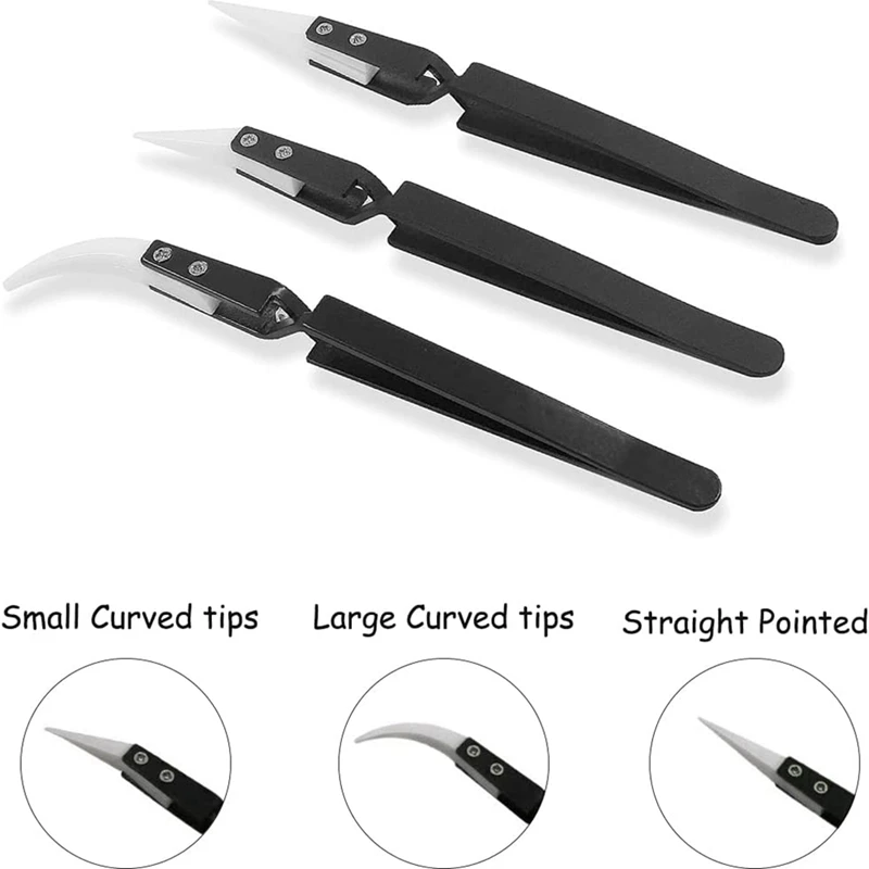 3Pcs Anti-Static Reverse Ceramic Tweezer IC SMD SMT Reverse Tweezers Heat Resistant 1000 Degree Hand Tools