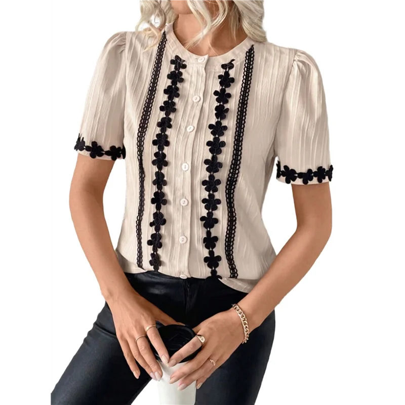 【SEE】女性ワークボタンブラウス長袖Vネックレースカジュアルボタンダウン秋トレンディシャツ