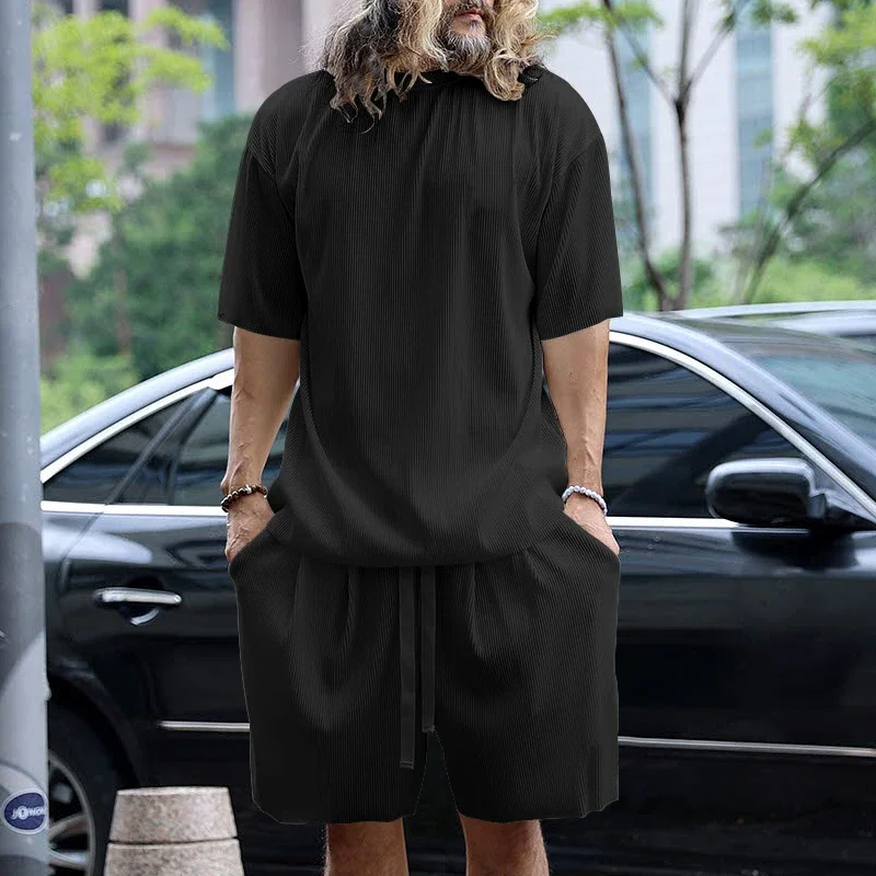 Pop  Summer European-style Fashion Suit For Men's Loose Plus Size Breathable Comfortable Short Sleeve Shorts Two-piece Set