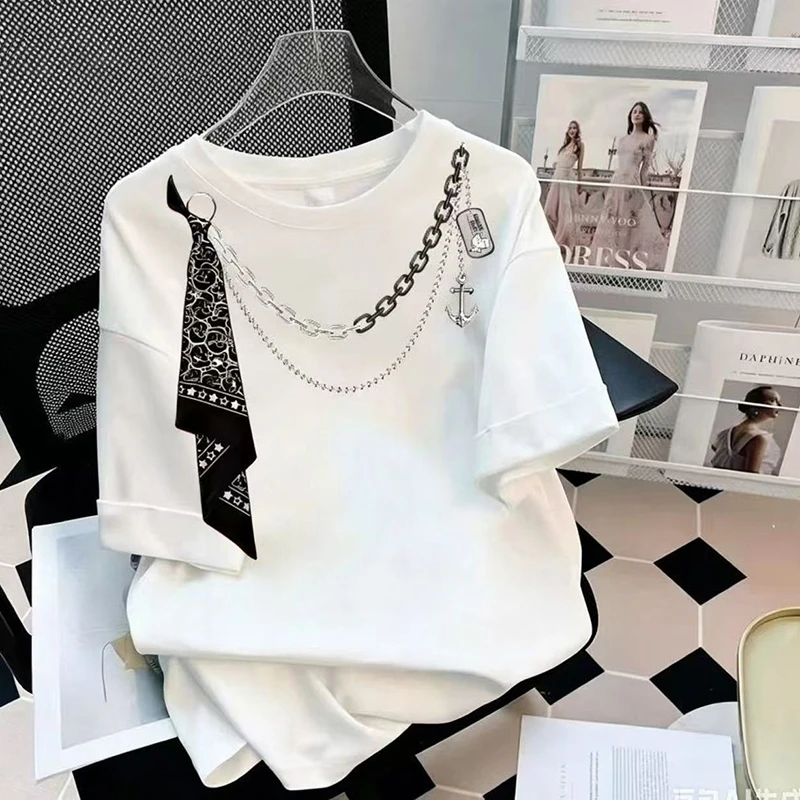 Men Japanese Vintage Cartoon Print Couple Tee Decor Anchor Chain Paisley Bandana Loose Half Sleeve Summer Student Basic Tops