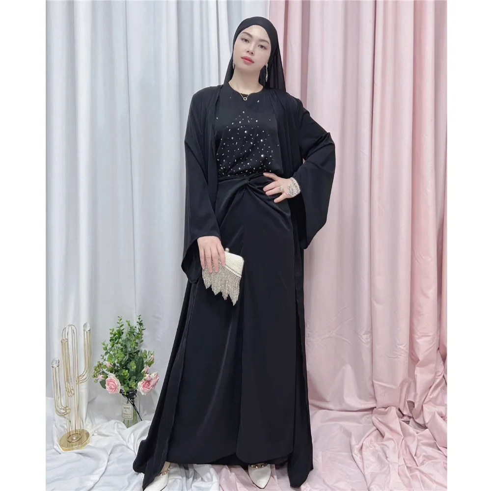 

3 Piece Matching Set Kimono Dubai Muslim Women Hijab Open Abaya Dress Wrap Skirt Sets Turkey Ramadan Kaftan Gowns Robe Outfits