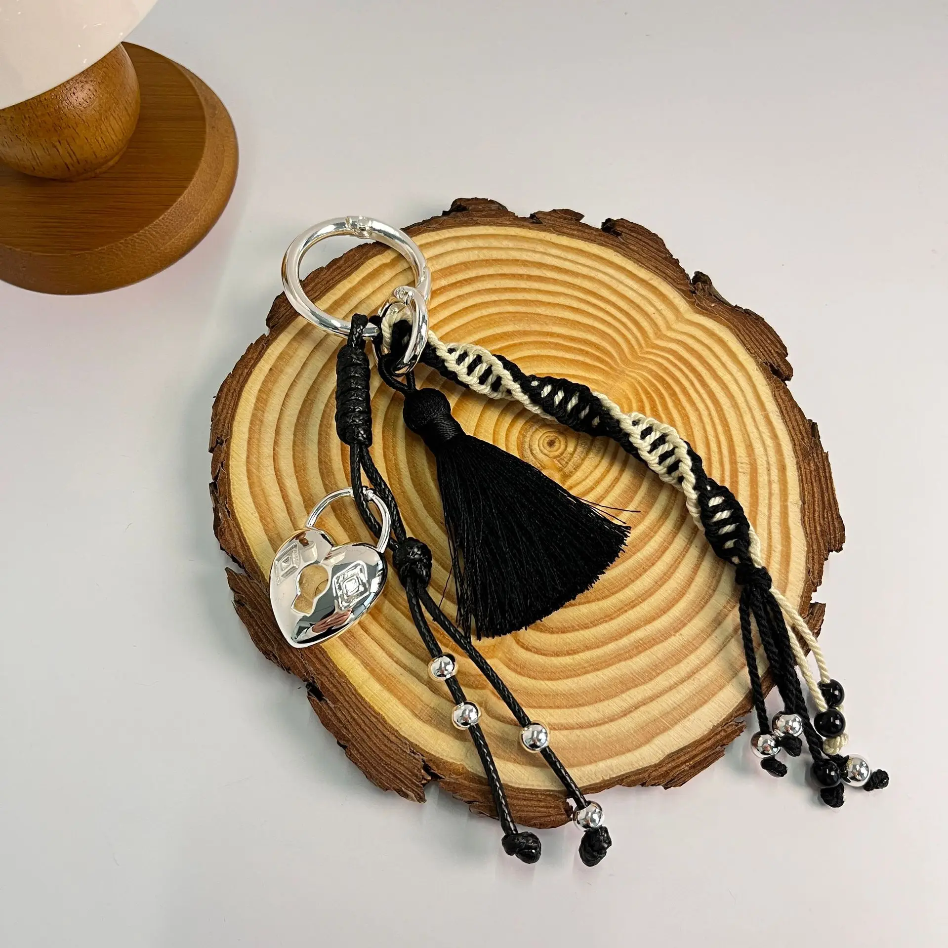 INS - Style Bag Charm: Braided Tassel Heart - lock Keychain, Copper Wax - thread Key Ring