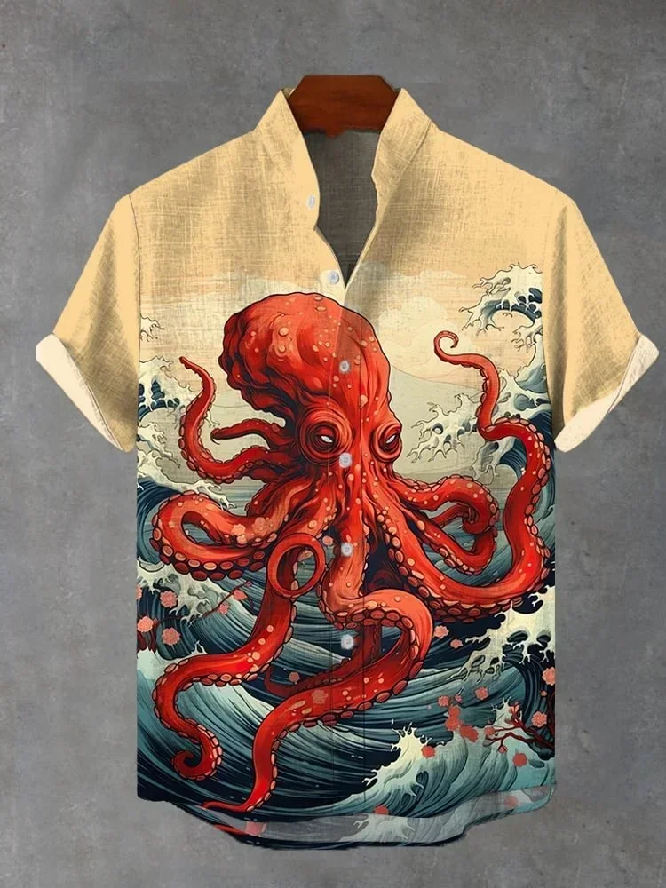 

Hot 2025 Waves and Red Octopus Monster Printed Line Short Sleeve Shirt Men's Casual Short Sleeve Shirt