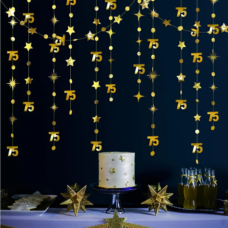 Gold 75th Birthday Banner Decorations Number 75 Circle Dot Twinkle Star Garlands Hanging Backdrop for 75 Year Old Birthday Party