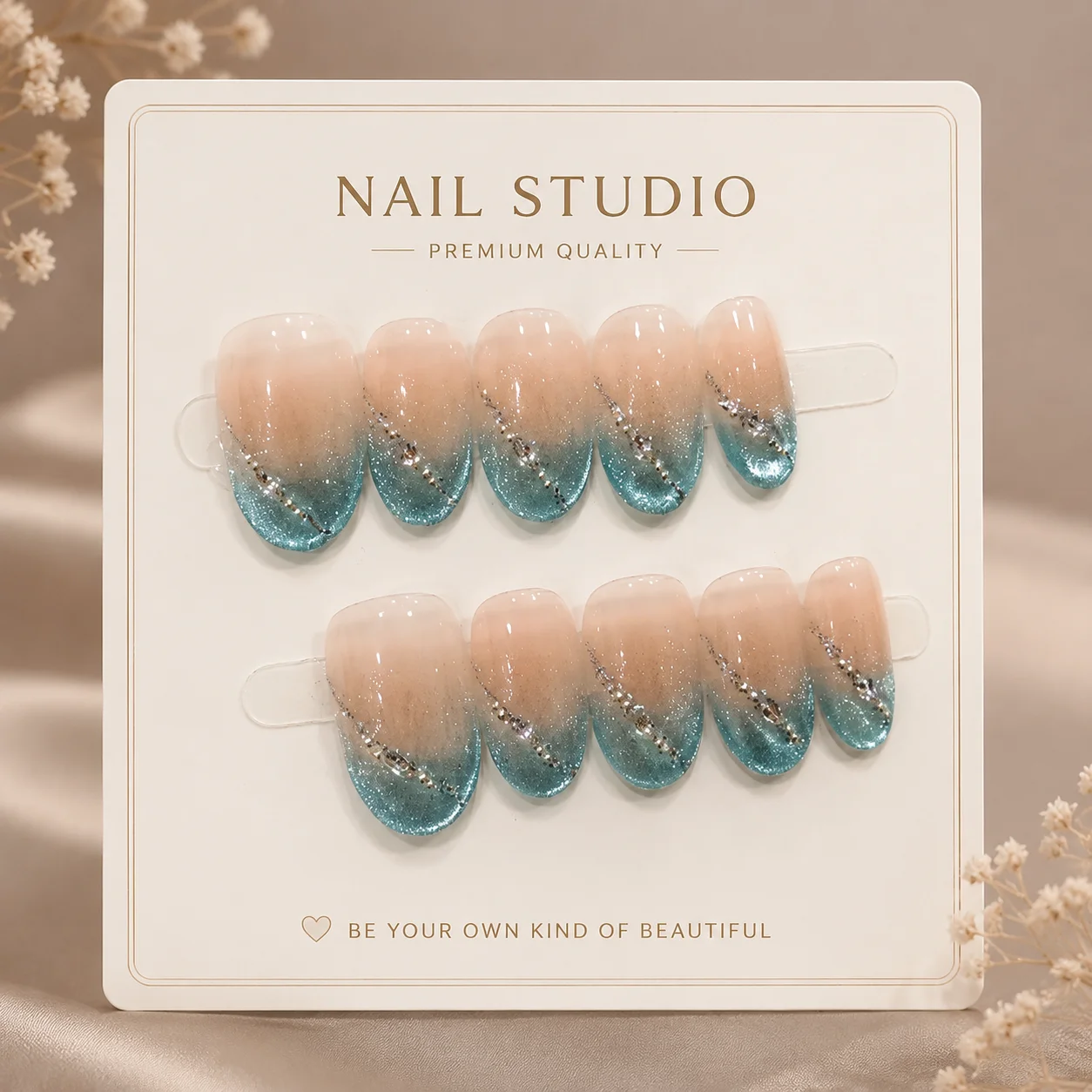 10 Stück Nude-Teal Farbverlauf Katzenaugen Handgemachte Nägel, Kurze Mandel-Kunstnägel für Frauen und Mädchen