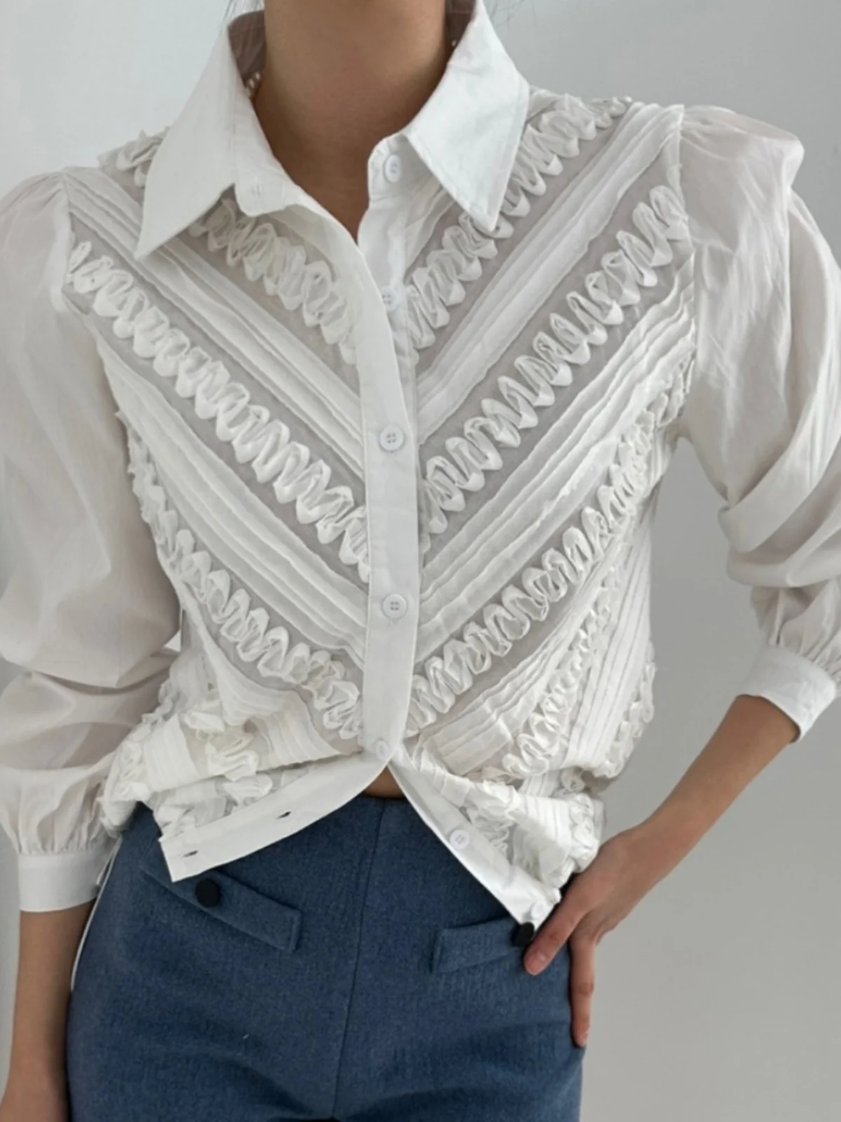 Retro gestreiftes irt Luxus Loose Bubble Sve Top für Damen, faionable Age-Defng Korean Sle Long Sve Collar