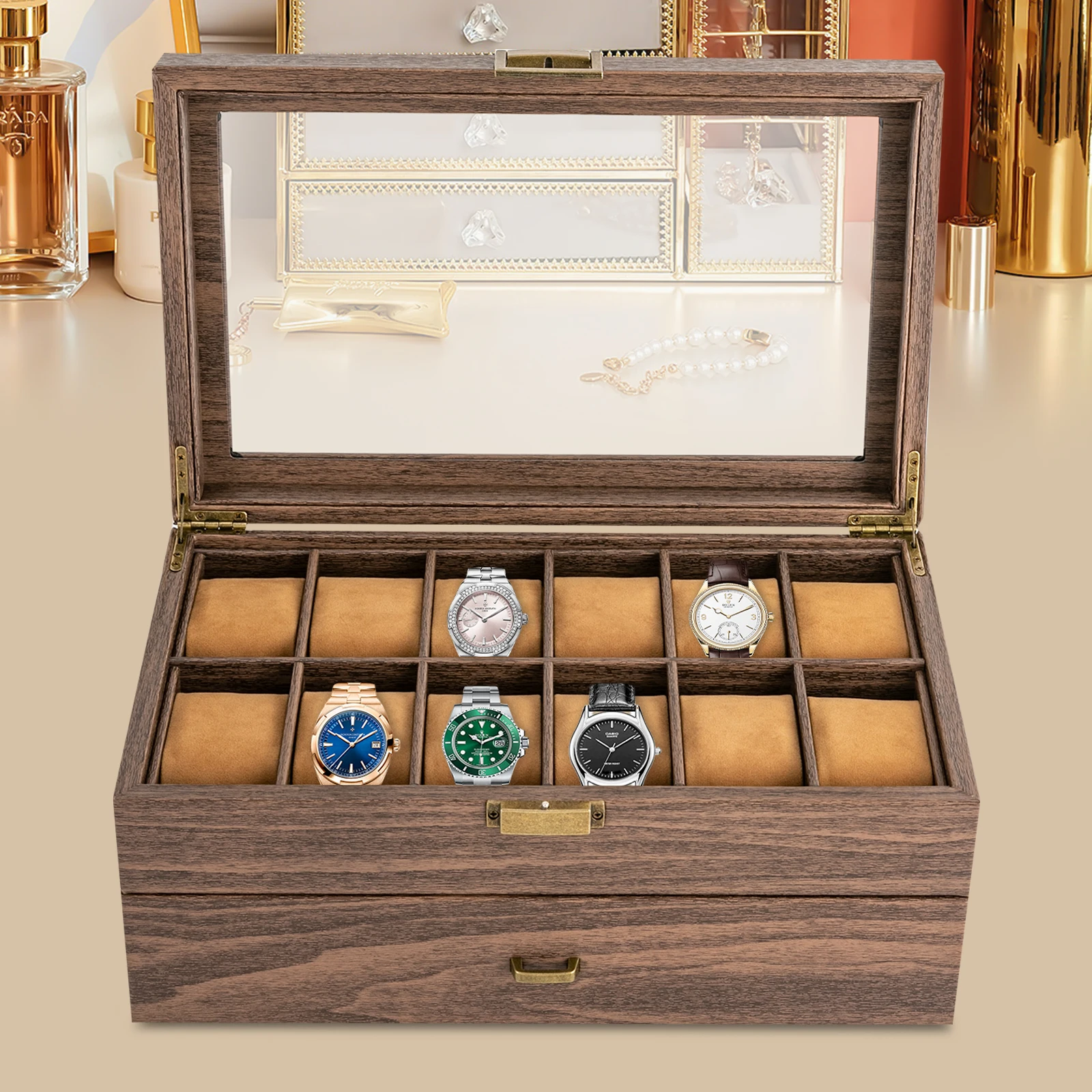 24 Slots 2 Layers PU Watch Box Case Storage Rustic Men Women Jewelry Holder Display Case W/ Drawer Anti-corrosion Space Saving