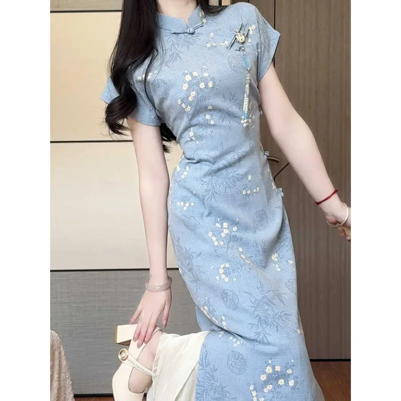 فستان تشيباو بأكمام قصيرة باللون الأزرق القديم للفتيات الصغيرات أنيق على الطراز الصيني للصيف وصل حديثًا ملابس للاستخدام الخاص من البر الرئيسي في الصين