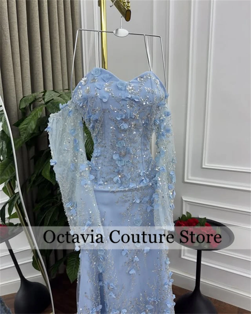 Arabia Saudí cielo azul fuera del hombro vestido de noche de flores 3D diamantes de imitación brillantes vestido de fiesta vestidos de noiva personalizado فستان و