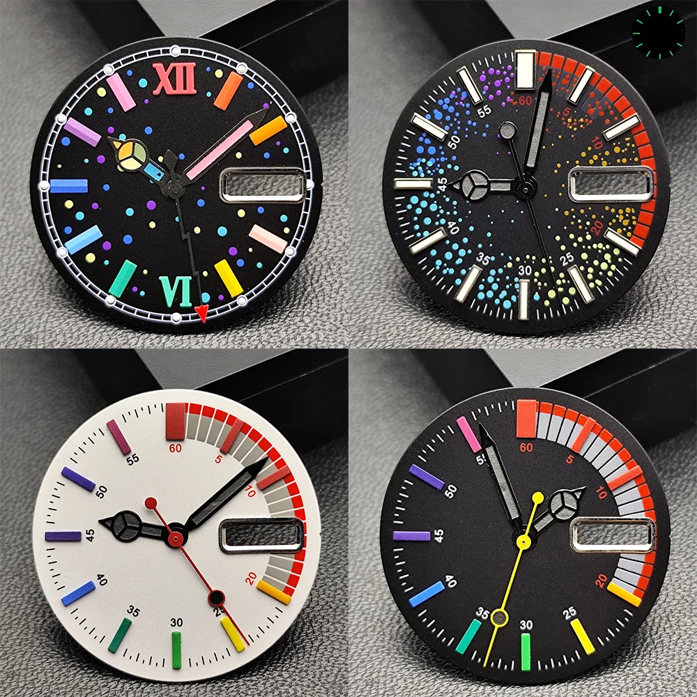 28,5mm Schwarzes Zifferblatt Regenbogen Automatische Mechanische Uhr FIT NH36 Uhrwerk Edelstahlgehäuse Herren Armbanduhr Zifferblatt DIY Logo