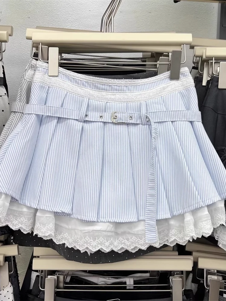

Синяя плиссированная юбка с высокой талией, женская осенняя новинка, корейская юбка Pure Desire с кружевной отделкой в полоску