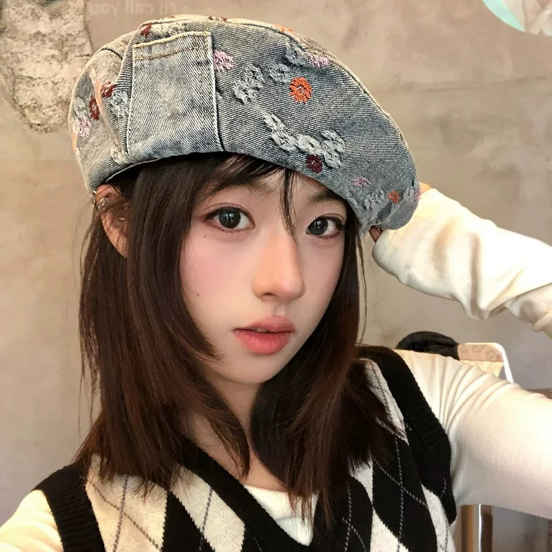 Japanese Retro Splicing Denim Octagonal Newsboy Cap Women's Spring and Autumn Large Version Beret Niche Temperament Painter Hat