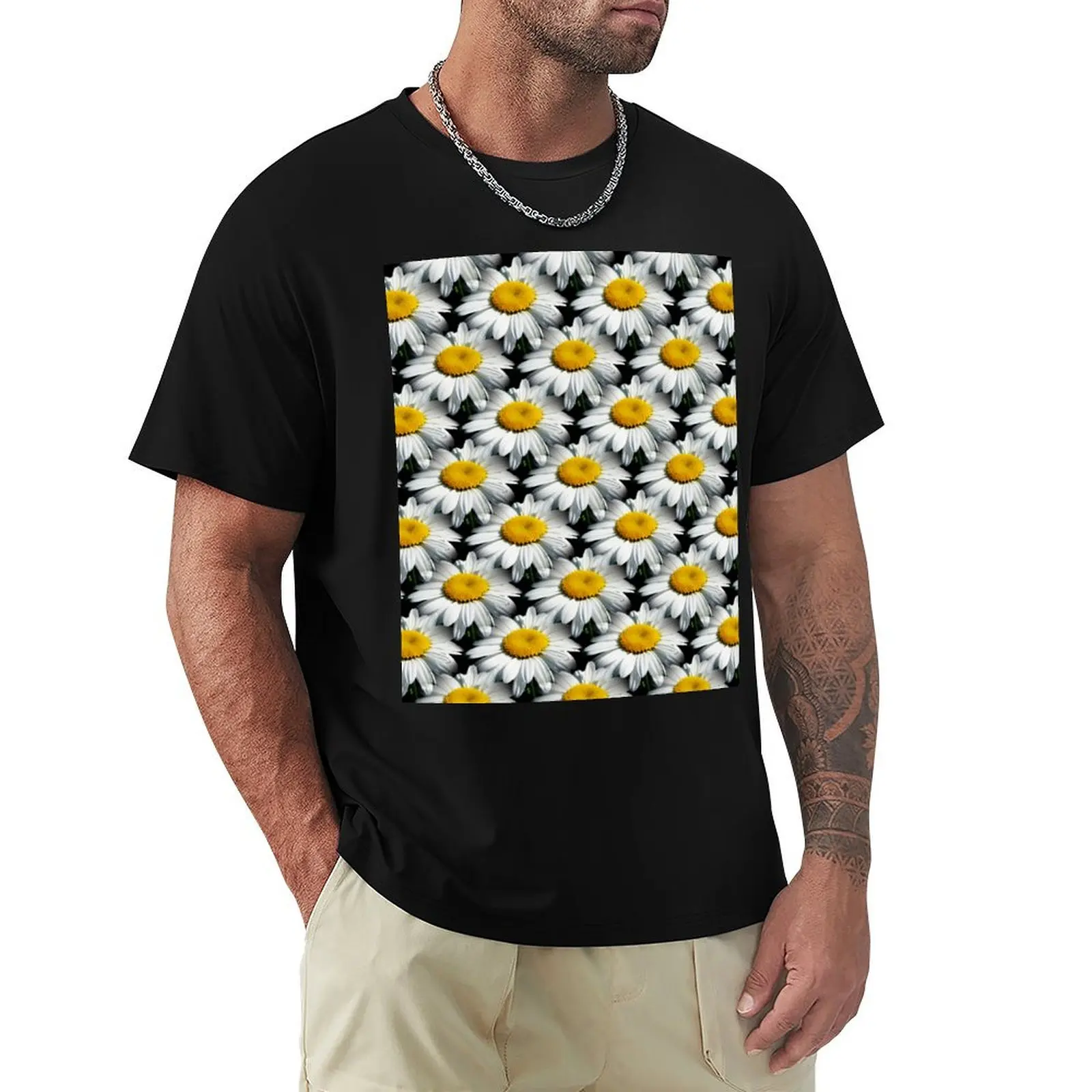 Stunning White Shasta Daisy Seamless Pattern T-Shirt Sporty Casual Quick Dry T-Shirt