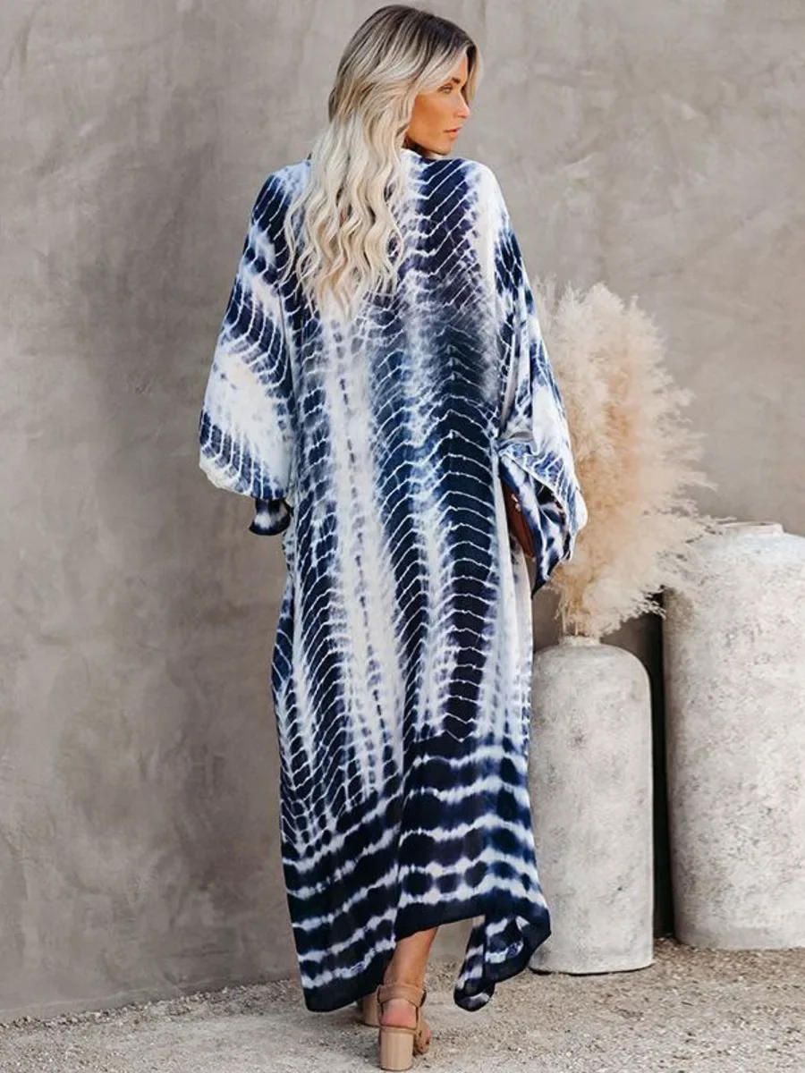 タイダイビキニカバーアップ夏プリント水着ケープパレオボヘミアンホリデービーチ着物ドレスセルフベルト付き水着