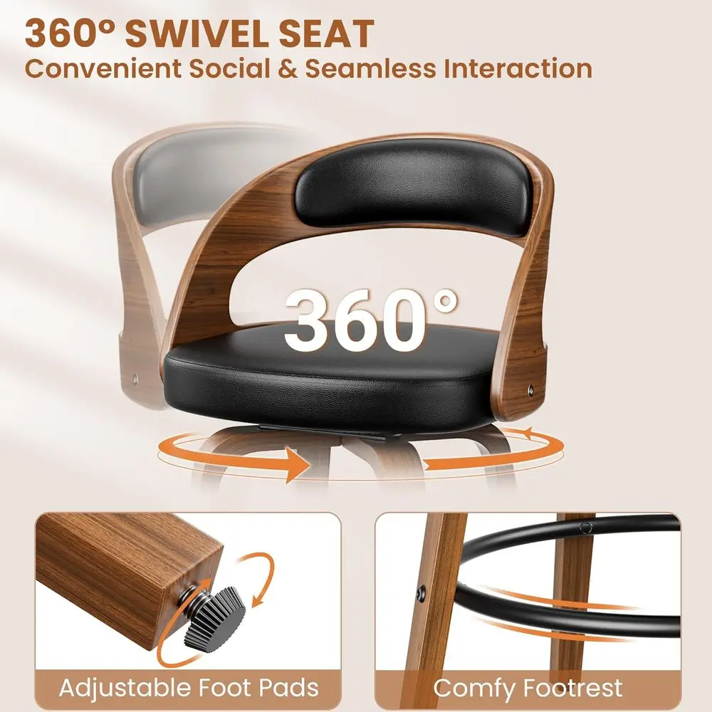 زوج من 26 مقعدًا دوارًا، منجدًا من الجلد الأسود، تصميم من خشب Bentwood لارتفاع العداد، مناسب لجزر المطبخ وبا #3