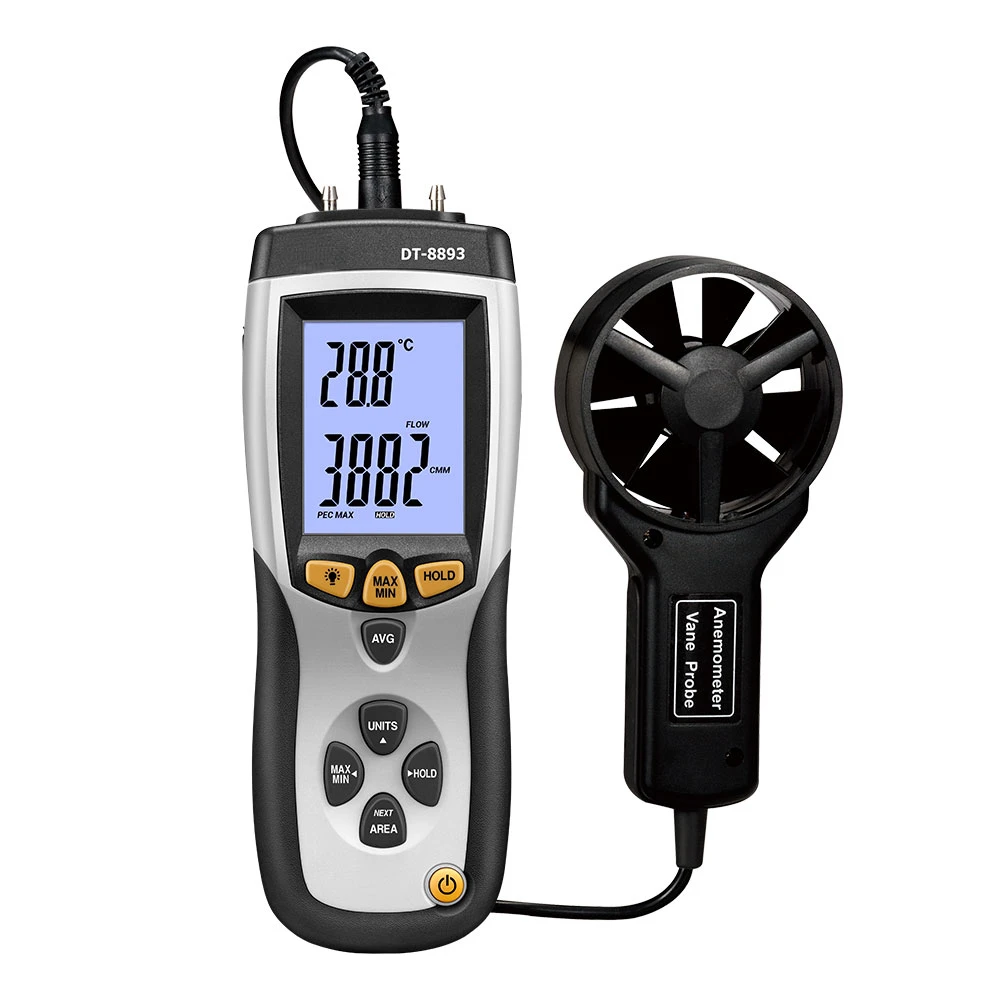 

DT-8893 CMM/CFM 0~30m/s Wind Speed Meter Direction Air Flow Or Velocity Plus Ambient Temperature Wind Digital Anemometer