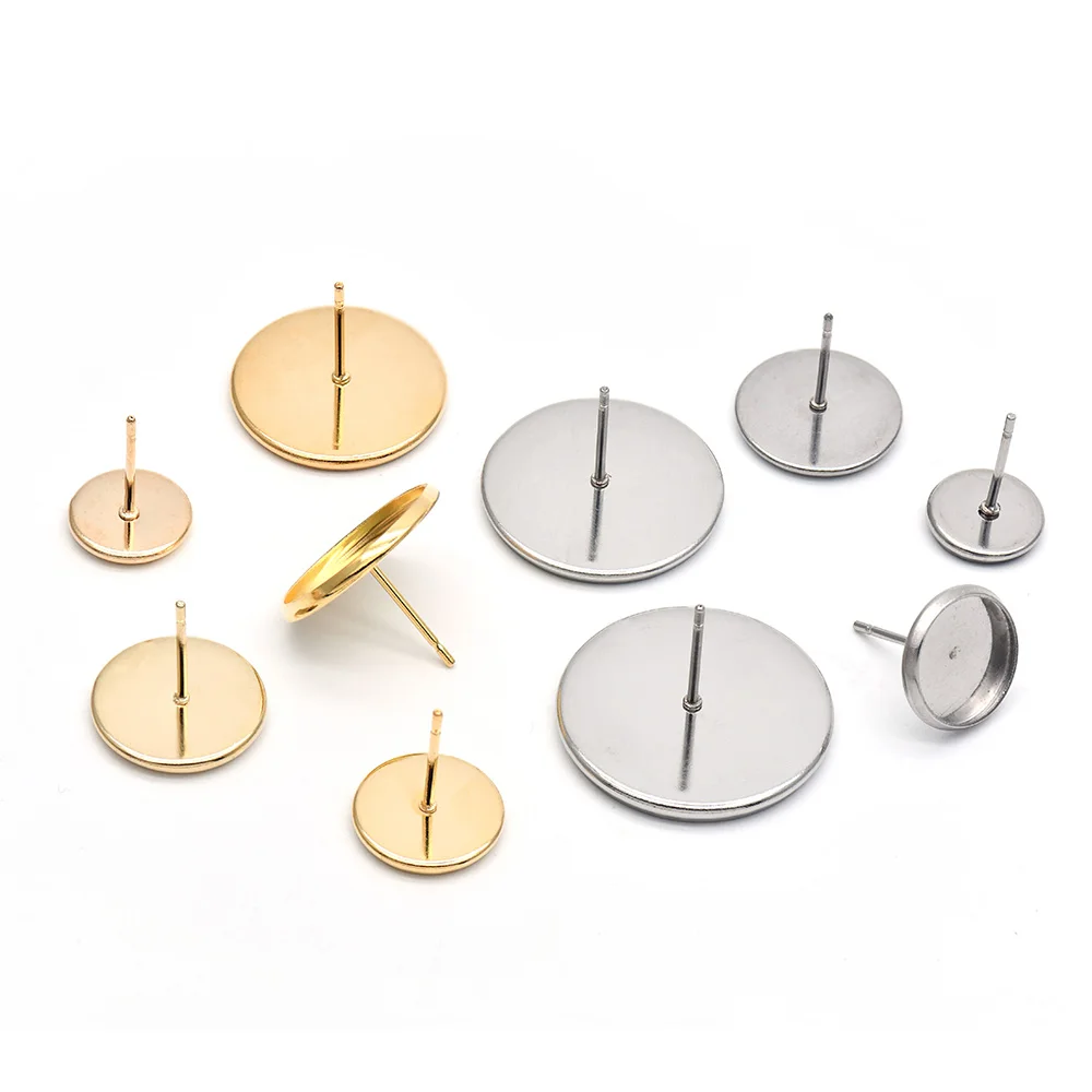 10pcs 316 Stainless Steel Blank Earring Stud Posts Components 6-18mm Flat Round Cabochon Bezel Tray for DIY Craft Jewelry Making