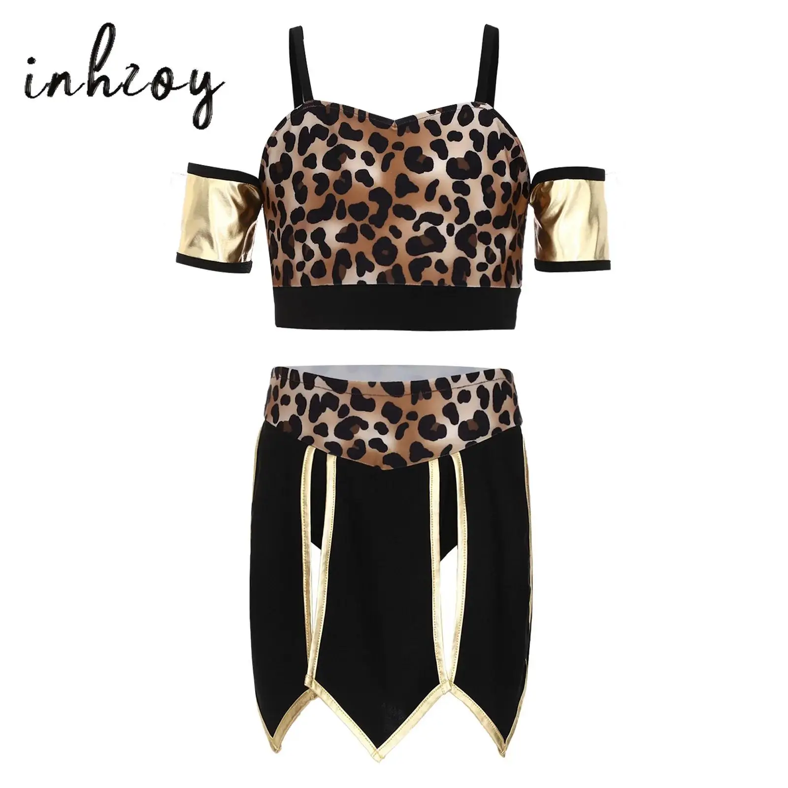 

Girls Halloween Carnival Caveman Cavegirl Flintstone Cosplay Costume Savage Primitive Tribe Crop Tank Top with Slit Skirt Outfit