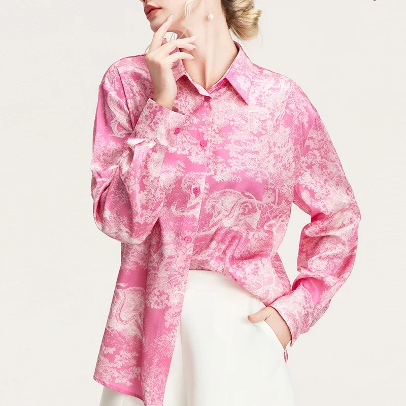 ZAROY 3XL Luxe Designer Vrouwen Shirt Mode Roze Print Vrouwelijke Shirts Zomer Herfst Lange Mouw Polo Hals Slanke Blouses Camisas