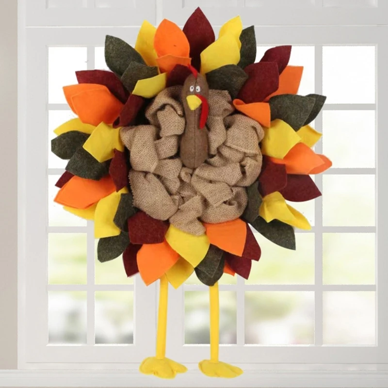 Turkey Wreath for Thanksgiving Celebration Autumn Decoration for Indoor Outdoor