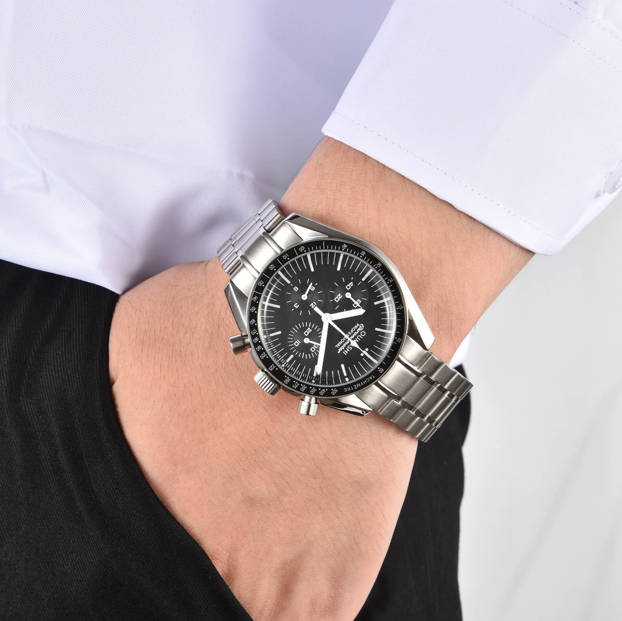 Stainless steel Men's wrist watch Sapphire glass waterproof Quartz watch VK63 movement 41mm Moon Design speed chronograph watch