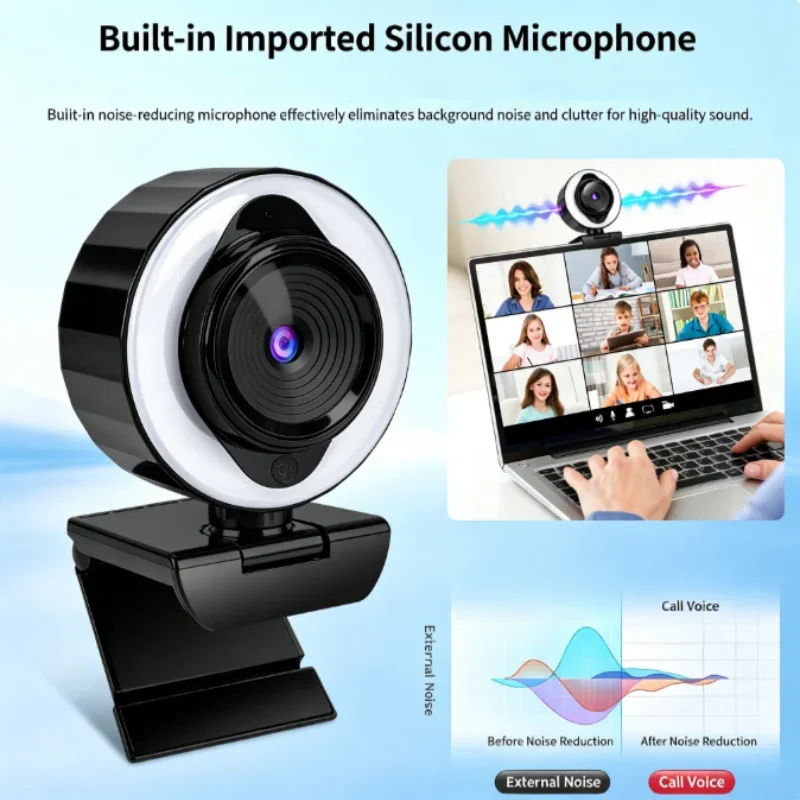 2K/4K Webcam Mini Full HD Webcam With Ring Fill Light USB Camera Live Broadcast For Youtube PC Laptop Video Shooting