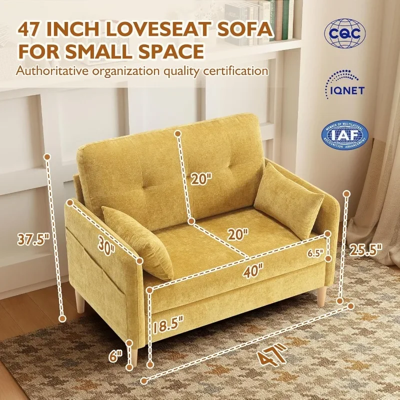 2025 47" Small Sofa Couch for Bedroom, Soft Chenille loveseat Mini Couch with Throw Pillow and Removable Cushion Cover for Small