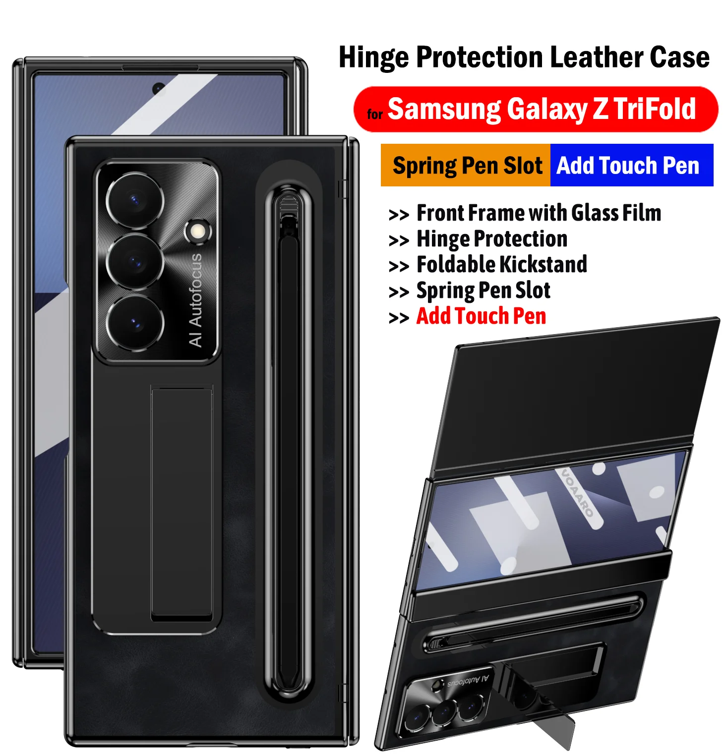 

Spring Pen Slot Kickstand Leather Cover for Samsung Galaxy Z TriFold Hinge Case Front Frame with Glass Film + Touch Stylus Pen